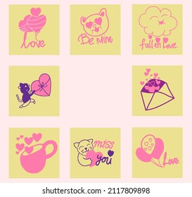 cute romantic set of postcard. Love, Valentines Day. Vector design concept for Valentines Day and other users.