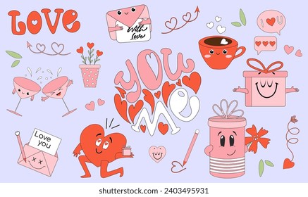 Cute romantic set of Valentines day hand drawn elements. Vector flat illustrations for stickers, greeting cards, web design.