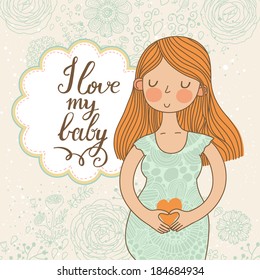 Cute romantic shower card with happy pregnant woman. Beautiful lady loves her baby. Floral vintage design