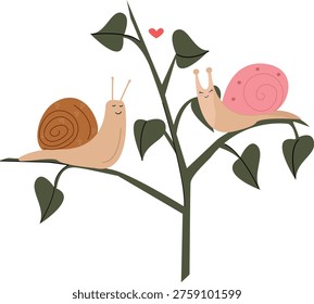 Cute romantic snails vector illustration on branch with leaves and heart, cartoon love concept, hand drawn nursery snails with pink and brown shell isolated on transparent background