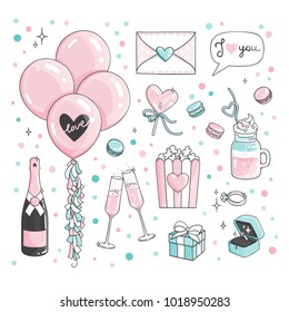 Cute romantic Stickers Set For Valentine's Day dating. Set of dating items. Engagement ring, champagne, pink baloons, popcorn pack, postcard in letter, macaroons, heart lollypop, sweets