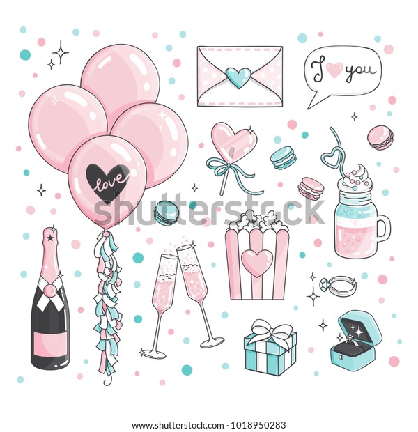 Cute romantic Stickers Set For Valentine\'s Day\
dating. Set of dating items. Engagement ring, champagne, pink\
baloons, popcorn pack, postcard in letter, macaroons, heart\
lollypop, sweets