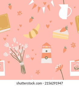 Cute and romantic summer seamless pattern. French and sea vibe. Sweet strawberry, croissant, lighthouse, flags, dried bouquet, book elements on pink background. Retro aesthetics