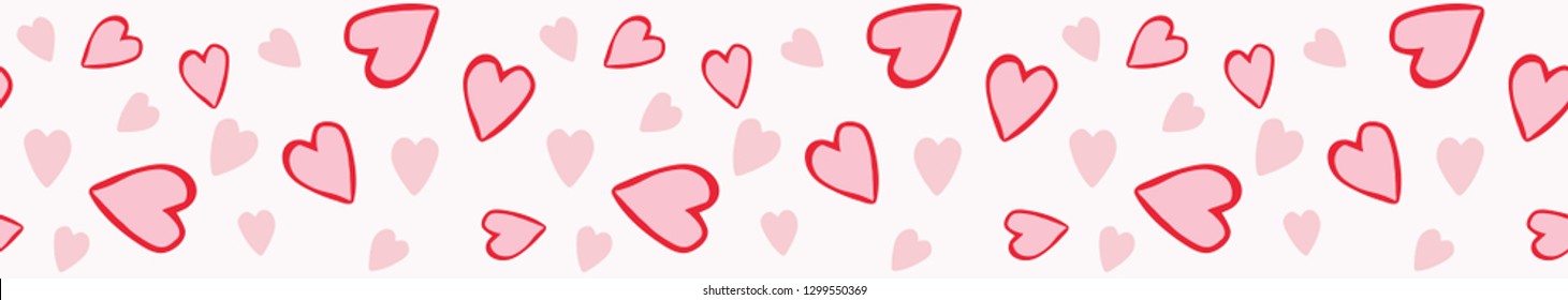 Cute and romantic tossed pattern design of cartoon hearts. Seamless repeat border. Pink, red and white, perfect for Valentines Day, weddings, engagements, ribbon designs, tape and scrapbooking.