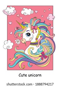 Cute romantic unicorn portrait with hearts in the cloudy sky. Vector cartoon colorful illustration isolated on white background. For print, design,cards,puzzle, coloring book, preschool education game