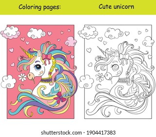 Cute romantic unicorn portrait with hearts in the cloudy sky. Coloring book page wih colored template. Vector cartoon illustration isolated on white. For coloring book, preschool education, print,game