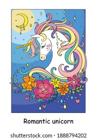 Cute romantic unicorn portrait with moon and stars in the cloudy sky. Vector cartoon isolated colorful illustration. For print, design, cards, puzzle, coloring book, preschool education and game.