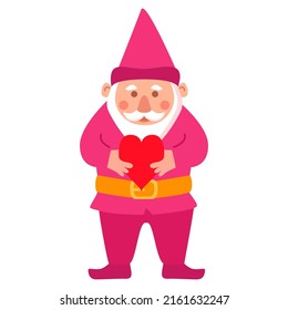 Cute romantic Valentine gnome holds red heart.Cartoon style.Little gnome.Isolated on white background. Vector flat illustration.