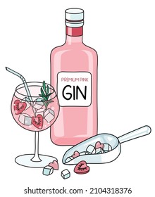 Cute romantic valentines day composition with premium pink Gin in a bottle, tonic cocktail with strawberries and a scoop with heart shaped ice. Doodle cartoon vector illustration isolated on white.