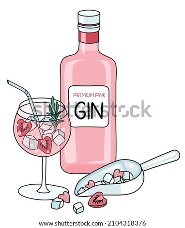 Cute romantic valentines day composition with premium pink Gin in a bottle, tonic cocktail with strawberries and a scoop with heart shaped ice. Doodle cartoon vector illustration isolated on white.