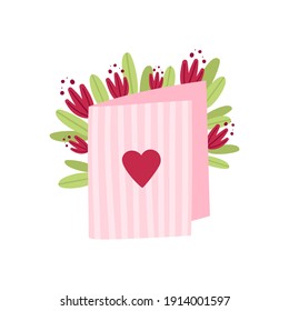 Cute, romantic Valentine's day greeting Card with heart and flowers isolated on a white background. Flat cartoon vector illustration.