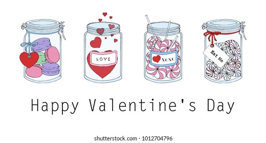 Cute Romantic, Valentine's day, love concept vector illustration. Set of hand drawn doodle ellements. Colorful sketch invitation. Cartoon Jar with candies, lollipops, macaroons, cakes, sweets, hearts.