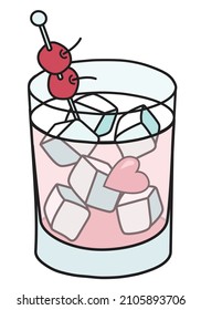 Cute romantic Valentines day pink cocktail in rocks glass garnished with cherries. Doodle cartoon vector illustration isolated on white. Good for greeting cards, specific bar menu, posters