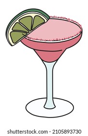 Cute romantic Valentines day Pink Margarita cocktail with lime and salt rim. Doodle cartoon vector illustration isolated on white. For greeting card, special holiday cocktail party poster, invitation