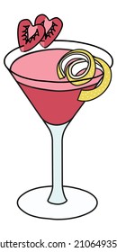 Cute romantic Valentines day pink Cosmopolitan cocktail in martini glass garnished with lemon twist and heart shaped strawberries. Doodle cartoon vector illustration isolated on white