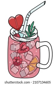 Cute romantic Valentines day pink cocktail mocktail in Lynchburg Lemonade jar glass garnished with heart shaped strawberries, fruits and lollipop. Doodle cartoon vector illustration isolated on white
