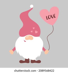 Cute romantic Valentine's gnome holds heart ballon in his hand. Cartoon Valentines gnome in pastel pink colors. Dwarf Valentine's Day decor. Vector illustration isolated on grey background.