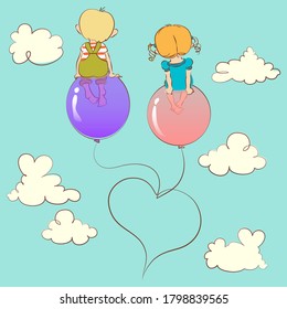 Cute romantic vector illustration of children on the background of the sky with clouds. A boy and a girl sit with their backs on colorful balloons, which together form a heart shape with threads.