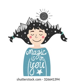 Ilustração vetorial romântico bonito com menina e montanhas no cabelo. Fundo infantil elegante, pôster inspirador vintage com citação. A magia está em você. Sol, estrelas, floresta e rosto sorridente