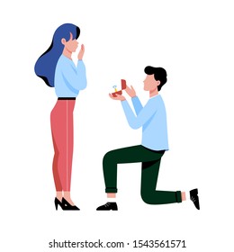 Cute romantic vector illustration of a man proposing to woman down on one knee with engagement ring. Beautiful couple having a moment of happiness. Girl saying yes