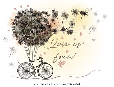 Cute romantic vector illustration with retro bicycle and dandelions in vintage style