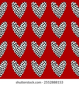 Cute Romantic Vector Pattern. White Hand Drawn Hearts With Black Polka Dots Print, Isolated on a Red Background. Funny Endless Print with Hearts. Childish Valentine's Day Pattern with Hearts. RGB.