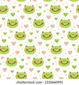 Cute Romantic Vector Seamless Pattern with Cartoon Smiling Green Frogs and Hearts. Children's print, Frog pattern.