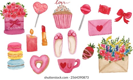 cute romantic watercolor valentine vector design, flower box, candy, shoes, flowers, sweets, bow, envelope, lipstick, cupcake, candle.