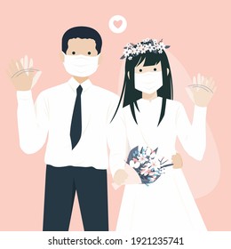 Cute Romantic Wedding Couple Cartoon Character Illustration with formal clothes getting married during pandemic and wearing face mask and waving hand