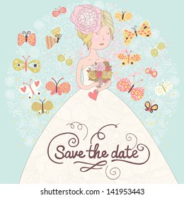 Cute romantic wedding invitation card with beautiful bride and butterflies. Vector save the date background. Young blonde woman with wedding flowers.