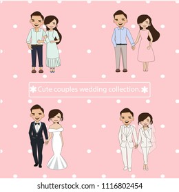 cute romantic wwdding  couples collection, flat cartoon vector isolated with background, wedding invitations card concept.