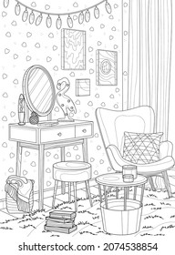 Cute room interior for a girl. Coloring book for adults. The interior of the room. Black and white illustration.