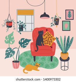 Cute room interior with green plants and red chair. Childish print vector illustration