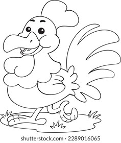 Cute Rooster cartoon in black and white coloring book illustration