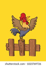 Cute rooster cartoon crowing on the fence