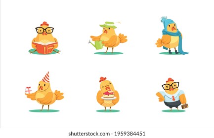 Cute Rooster Character Different Activities Set, Funny Chicken Bird Celebrating Birthday, Working in Office and Garden Cartoon Vector Illustration