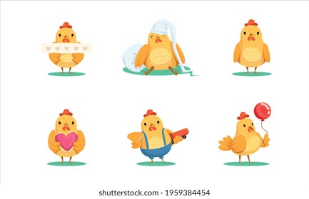 Cute Rooster Character Different Activities Set, Funny Chicken Bird Celebrating Sleeping, Skateboarding, Walking with Inflatable Balloon Cartoon Vector Illustration