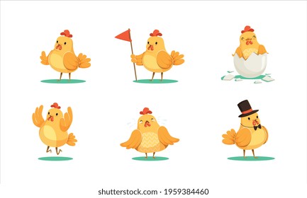 Cute Rooster Character Different Activities Set, Funny Chicken Bird Cartoon Vector Illustration