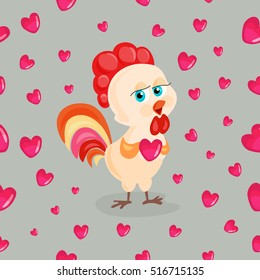 Cute rooster character with glossy heart in his hands. Seamless pattern. Vector illustration.