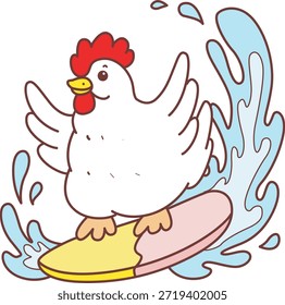 Icono lindo de la etiqueta engomada del pollo del gallo. Pollo de gallo divertido jugando a surf