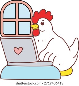 Icono lindo de la etiqueta engomada del pollo del gallo. Pollo gallo divertido escribiendo un ordenador portátil