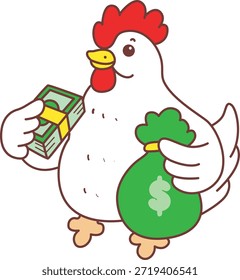 Icono lindo de la etiqueta engomada del pollo del gallo. Pollo de gallo divertido trae un montón de dinero