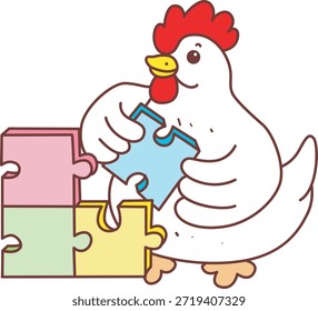 Icono lindo de la etiqueta engomada del pollo del gallo. Pollo de gallo divertido jugando un rompecabezas