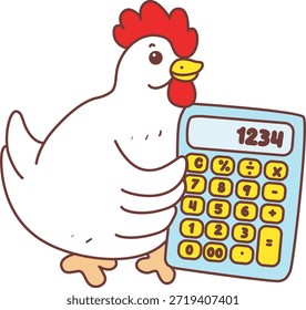 Cute Rooster Chicken sticker icon. Funny Rooster Chicken bring a calculator