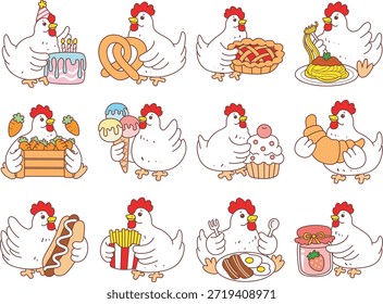 Icono lindo de la etiqueta engomada del pollo del gallo. Pollo de gallo divertido en la variación de la hora de la merienda y la comida chatarra