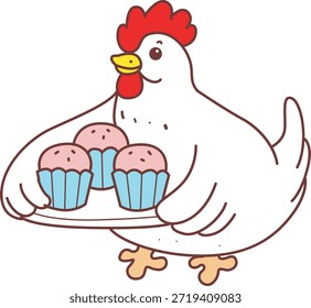Cute Rooster Chicken sticker icon. Funny Rooster Chicken bring a three cupcakes