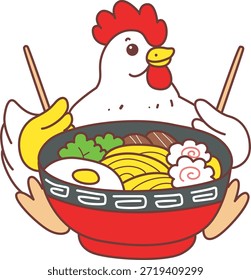 Icono lindo de la etiqueta engomada del pollo del gallo. Pollo de gallo divertido quiere comer ramen
