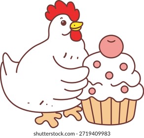 Cute Rooster Chicken sticker icon. Funny Rooster Chicken bring a creamy cupcake