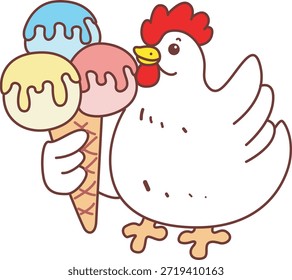 Cute Rooster Chicken sticker icon. Funny Rooster Chicken bring a three scoop of ice cream