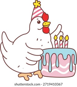 Ícone do adesivo de galinha de galo bonito. Engraçado Galo Frango trazer um bolo de aniversário